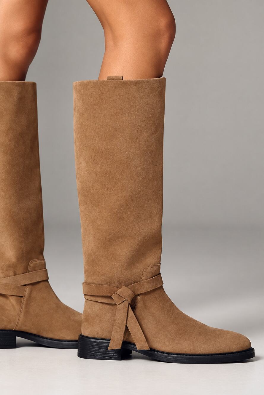 Anthropologie Maeve Suede Riding Boots Knee High Tie Low Block Heel Flat Tan